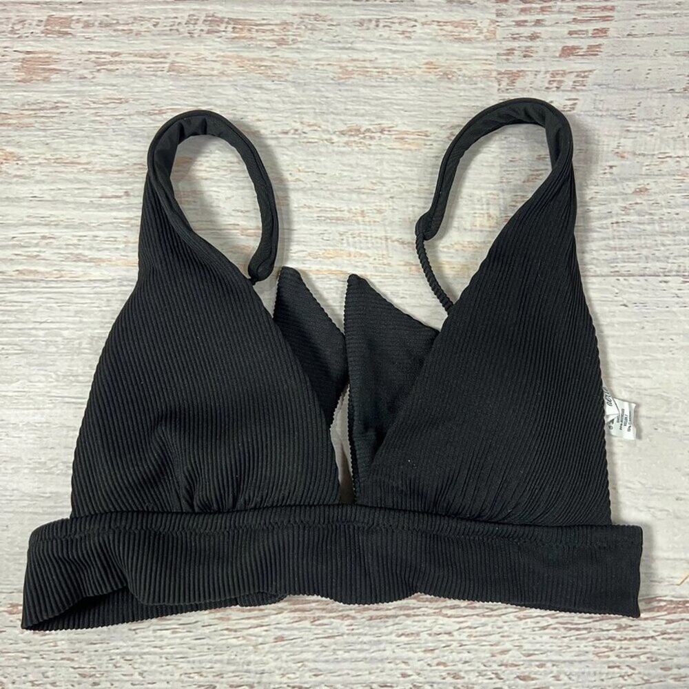Aerie Ribbed Tie Longline Triangle Bikini Top SIZE S Black Swim Top